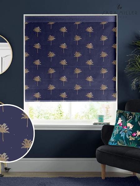 Sara Miller Navy Blue Small Palm Made to Measure Roman 100% Cotton Blind (Q53159) | £79