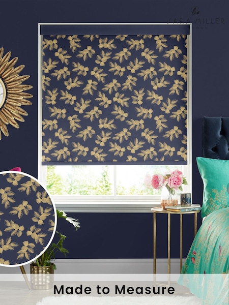 Sara Miller Deep Navy Blue Etched Leaves Made to Measure Roller Blinds (Q53180) | £58