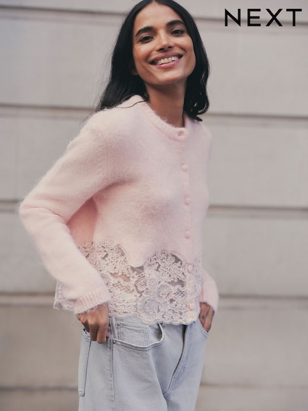 Light Pink - Lace Trim Long Sleeve Knit Cardigan