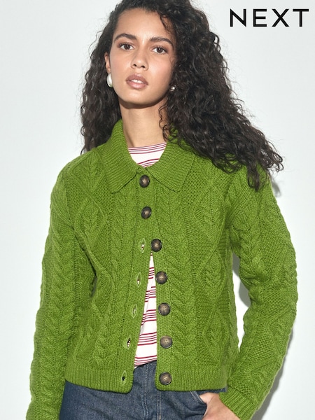 Green - Cable Knit Long Sleeve Cardigan