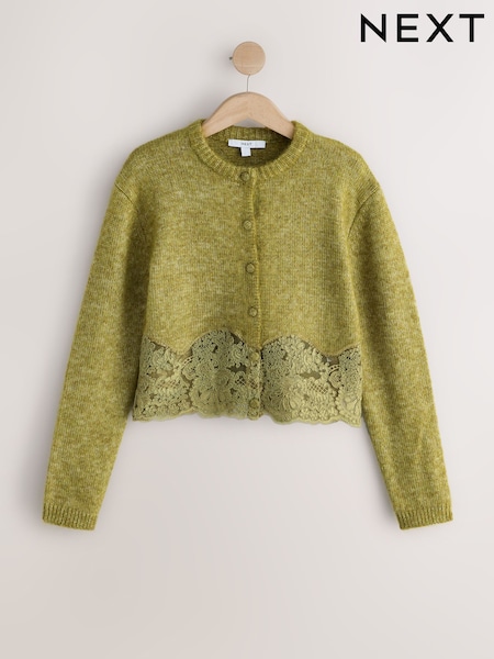 Olive Green - Lace Trim Long Sleeve Knit Cardigan