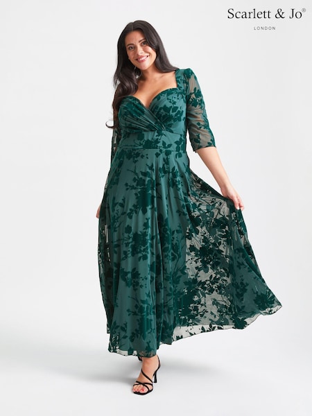 Scarlett & Jo Green Elizabeth Velvet Flocked Mesh Maxi Gown (Q53290) | £110