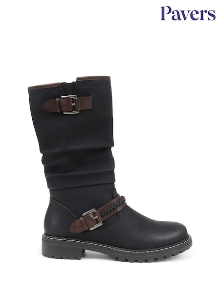 Pavers Black Casual Buckle Strap Mid-Calf Biker Boots in Black (Q54403) | £48