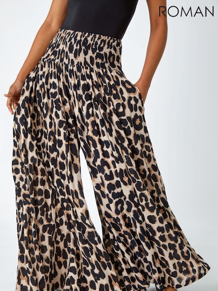 Roman Brown Animal Stretch Shirred Palazzo Trousers (Q54623) | £32