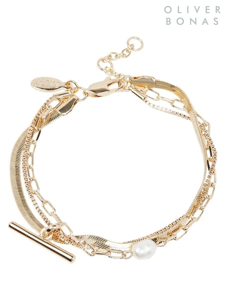 Oliver Bonas Gold Tone Rosalind Freshwater Pearl and Bar Layered Chain Bracelet (Q55262) | £24