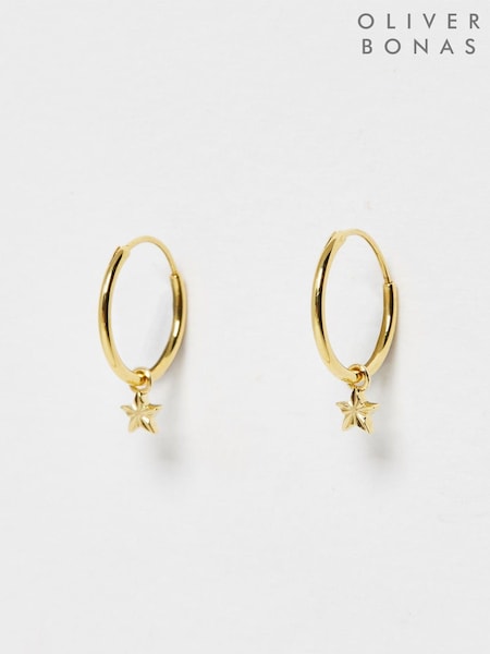 Oliver Bonas Gold Plated Haru Engraved Star Charm Hoop Earrings (Q55467) | £26