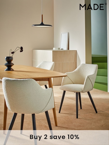 MADE.COM Set of 2 White Boucle and Black Legs Lule Arm Dining Chairs (Q55619) | £329