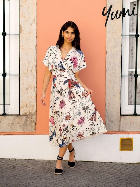 Yumi White Viscose Bird and Floral Print Kimono Midi Dress (Q55685) | £55