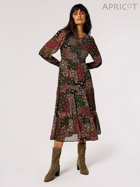 Apricot Green Patchwork Ditsy Long Sleeve Midi Dress (Q56228) | £46