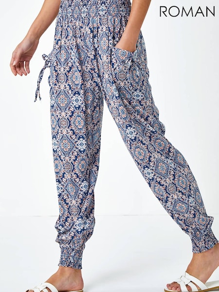 Roman Blue Floral Print Stretch Hareem Trousers (Q57042) | £32