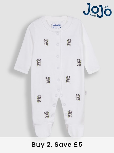 JoJo Maman Bébé White Panda Embroidered Cotton Baby Sleepsuit (Q57271) | £21