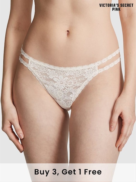 Victoria's Secret PINK Coconut White Double Strap Thong Floral Lace Knickers (Q57373) | £9