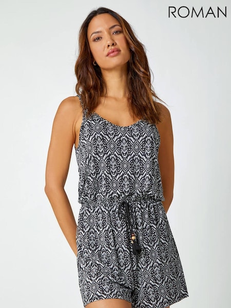 Roman Black Patterned Print Stretch Jersey Playsuit (Q57858) | £36