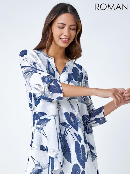 Roman Blue Floral Print Pleat Front Top (Q57897) | £38