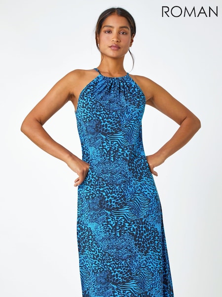 Roman Blue Animal Print Halter Neck Stretch Dress (Q58045) | £42