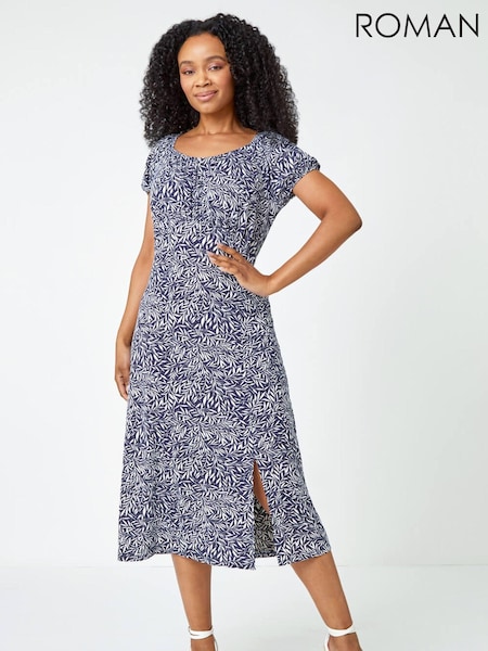 Roman Blue Petite Leaf Print Midi Dress (Q58059) | £42