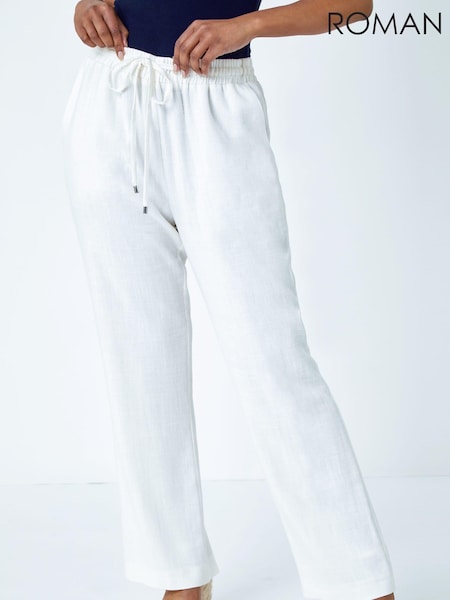 Roman White Petite Wide Leg Linen Trousers (Q58077) | £32