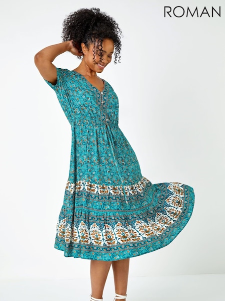Roman Blue Petite Floral Border Print Midi Dress (Q58185) | £42