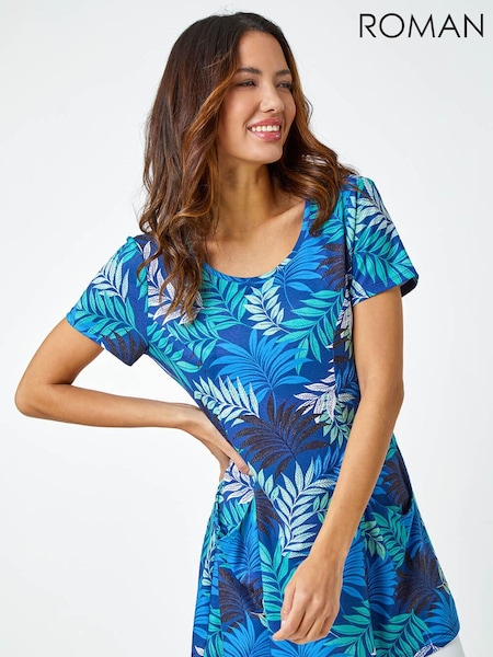 Roman Blue Palm Print Pocket Tunic Stretch Top (Q58371) | £32