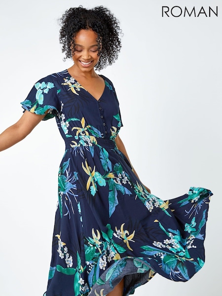 Roman Blue Petite Floral Shirred Midi Dress (Q58380) | £45