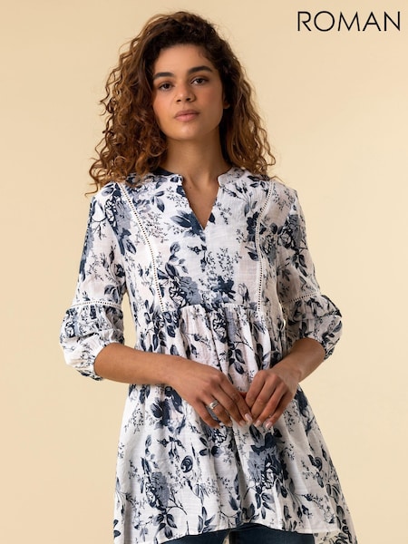 Roman Black Floral Print Boho Smock Top (Q58388) | £32