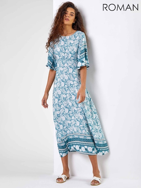 Roman Blue Floral Border Print Midi Dress (Q58499) | £42