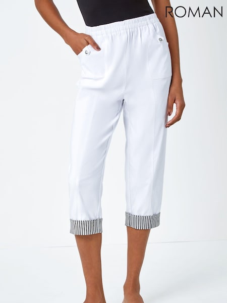 Roman White Contrast Detail Cropped Stretch Trousers (Q58568) | £32