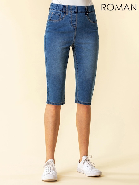 Roman Blue Denim Stretch Knee Length Pedal Pusher Shorts (Q58580) | £32