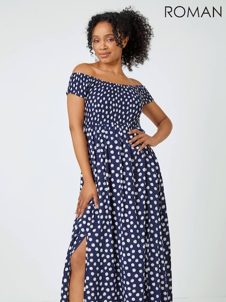 Roman Blue Petite Polka Dot Bardot Midi Dress (Q58813) | £42