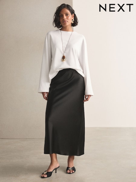 Black - Satin Midi Skirt