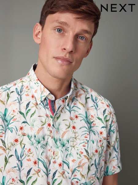 White Linen Blend Floral Short Sleeve Shirt (Q59771) | £8