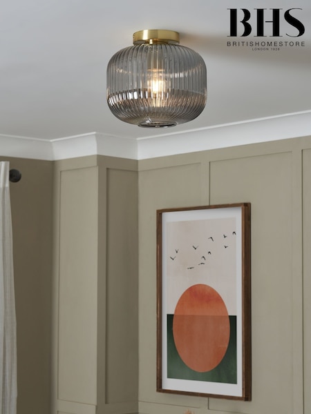 BHS Satin Brass Lyna Smoke Glass Flush Ceiling Fitting Ceiling Light (Q60846) | £50