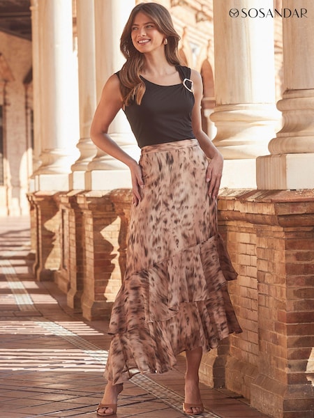 Sosandar Brown Animal Print Ruffle Hem Midi Skirt (Q61047) | £49