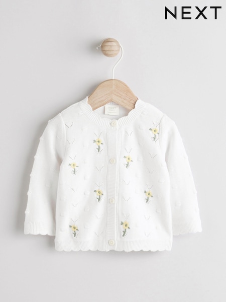 White 100% Cotton Pointelle Knitted Floral Flower Baby Cardigan (0mths-3yrs) (Q61165) | £14 - £16
