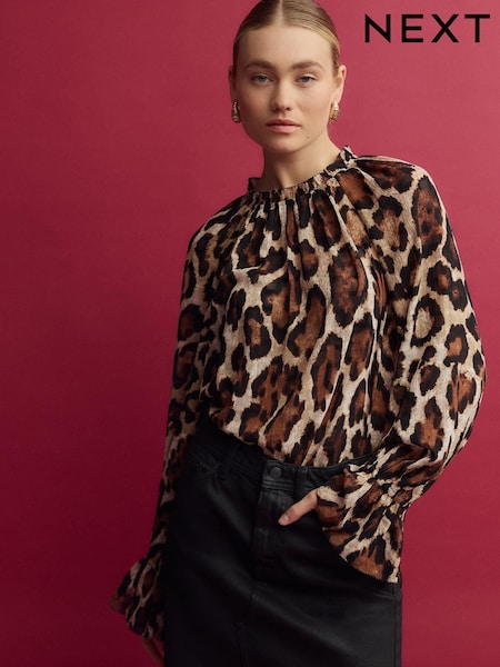 Brown Animal Print Volume Long Sleeve Blouse (Q61581) | £29