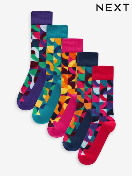 Bright Red/Green Geo Pattern Socks 5 Pack (Q61813) | £14