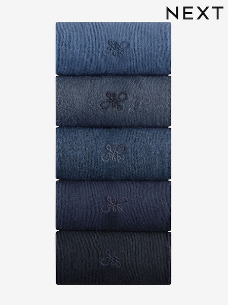Navy Blue Marl 5 Pack Embroidered Lasting Fresh Socks (Q61833) | £14