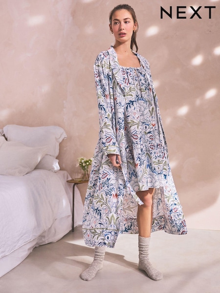 Navy Morris & Co. Floral Robe With Linen (Q63451) | £23