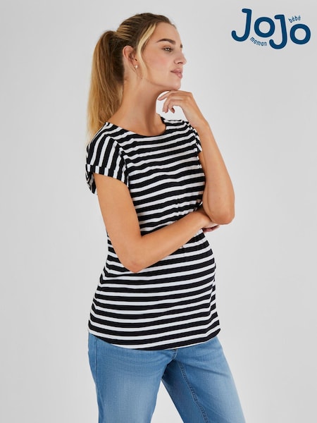 JoJo Maman Bébé Black White Stripe Boyfriend Cotton Maternity T-Shirt (Q63573) | £19