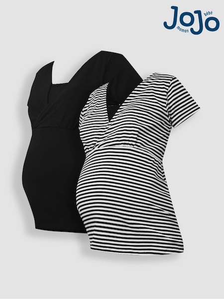 JoJo Maman Bébé Black & Black Ecru Cream Stripe 2-Pack Maternity & Nursing T-Shirts (Q63584) | £36
