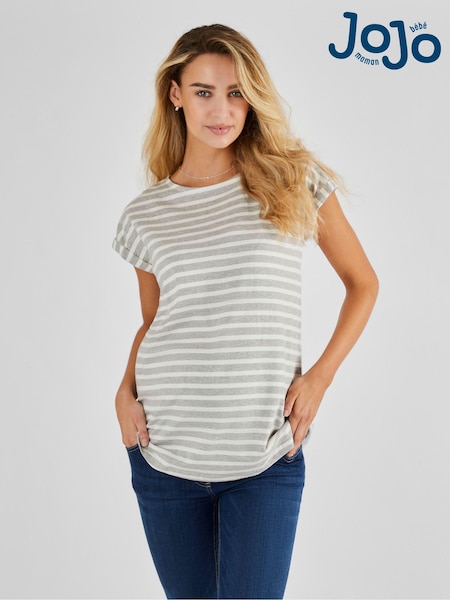 JoJo Maman Bébé Marl Grey Cream Stripe Boyfriend Cotton Maternity T-Shirt (Q63598) | £19