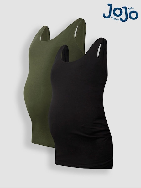 JoJo Maman Bébé Khaki Green & Black 2-Pack Ruched Maternity Vest Tops (Q63617) | £30