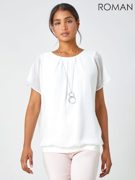 Roman White Chiffon Jersey Blouson Top with Necklace (Q64927) | £32