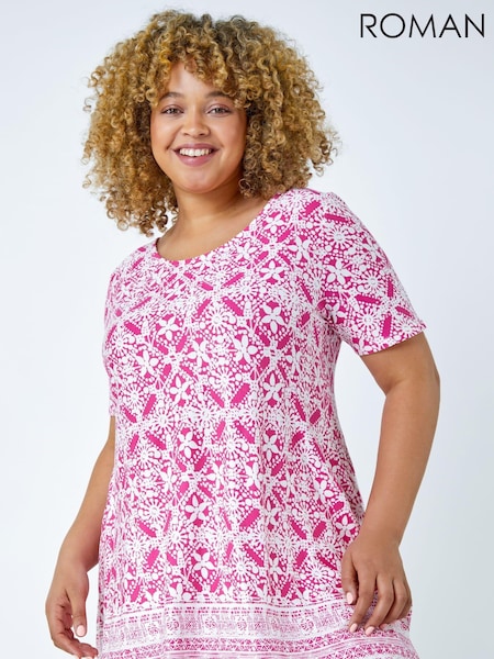 Roman Pink Curve Tile Print Longline Top (Q65204) | £32