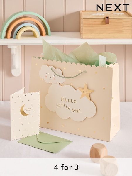 Natural New Baby Cloud Gift Bag and Card Set (Q65471) | £4