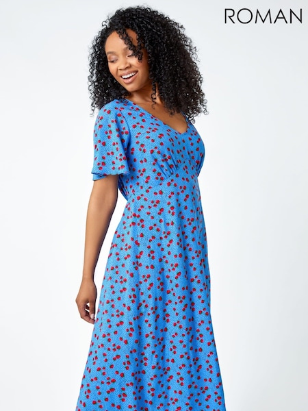 Roman Blue Petite Strawberry Print Midi Tea Dress (Q65501) | £42