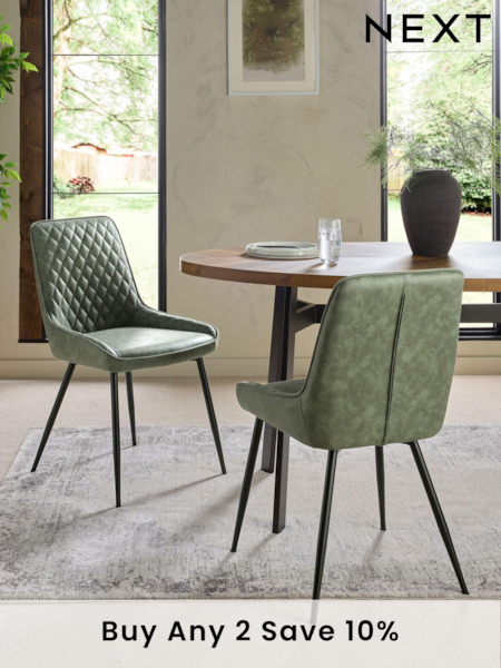 Set of 2 Arona Faux Leather Khaki Green Hamilton Black Leg Quilted Dining Chairs (Q66048) | £260