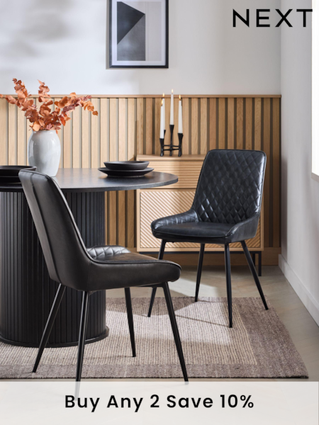 Set of 2 Distressed Faux Leather Black Hamilton Black Leg Quilted Dining Chairs (Q66051) | £260