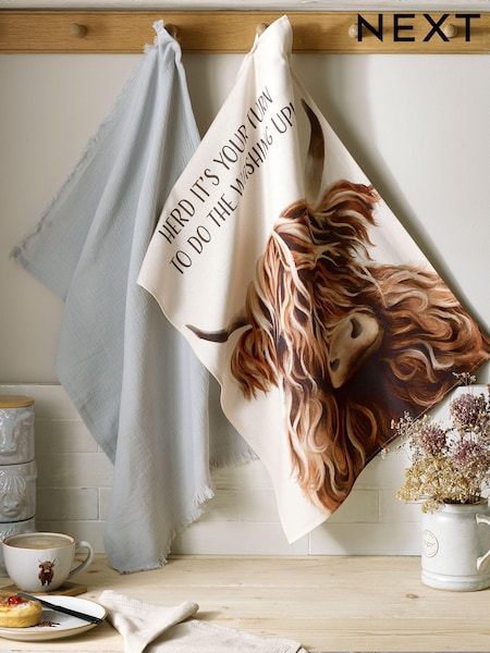 Set of 2 Natural Hamish the Highland Cow 100% Cotton Tea Towels (Q66554) | £10