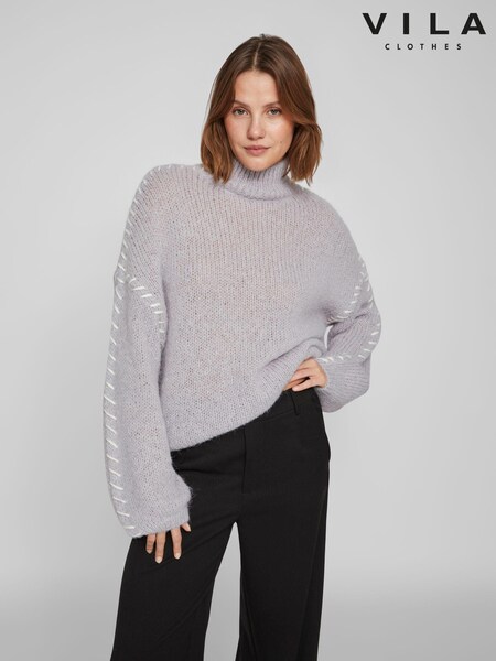 VILA Grey High Neck Stitch Detail Jumper (Q67076) | £21